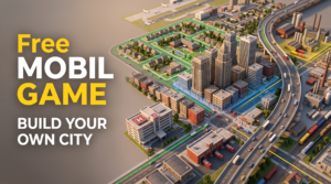 TheoTown Android city building game showing roads, buildings, and a growing urban landscape.
