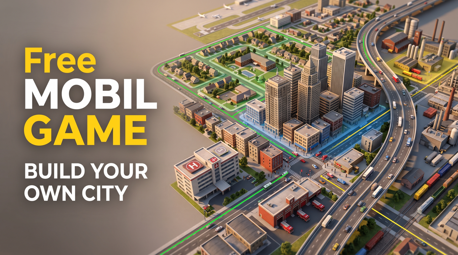 TheoTown Android city building game showing roads, buildings, and a growing urban landscape.